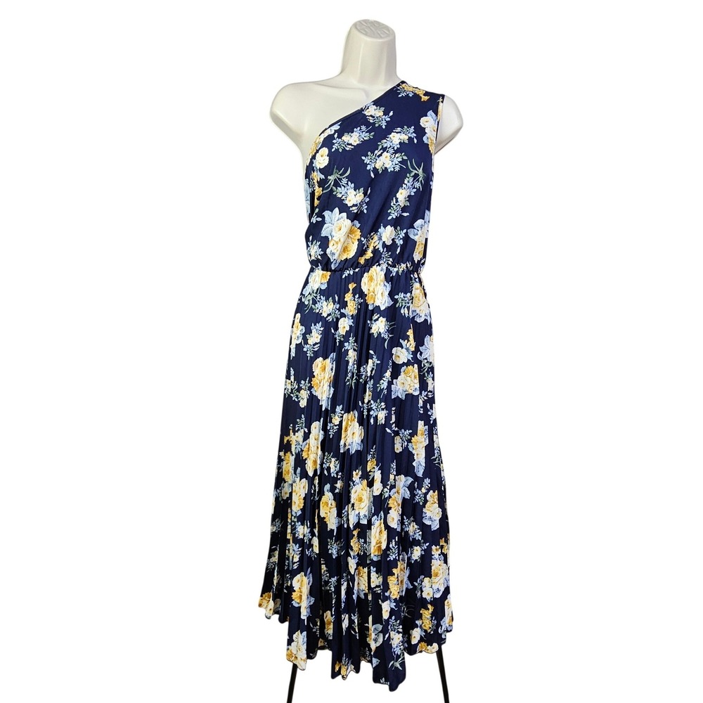 Cottagecore Navy Blue Floral One Shoulder Maxi Dress 4XL Pleated‎ Garden Regency
